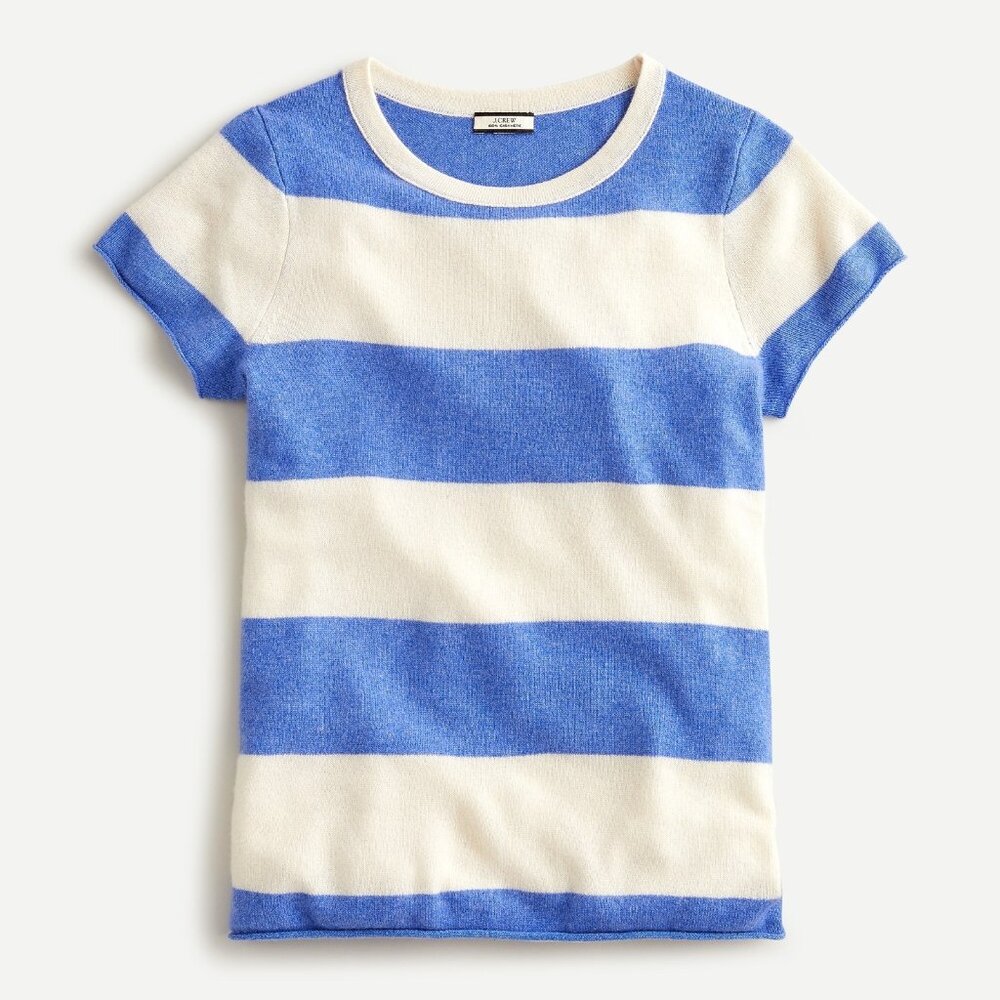 NWT J.Crew Short-Sleeve Cashmere T-shirt in Heather Blue Muslin Rugby Stripe S